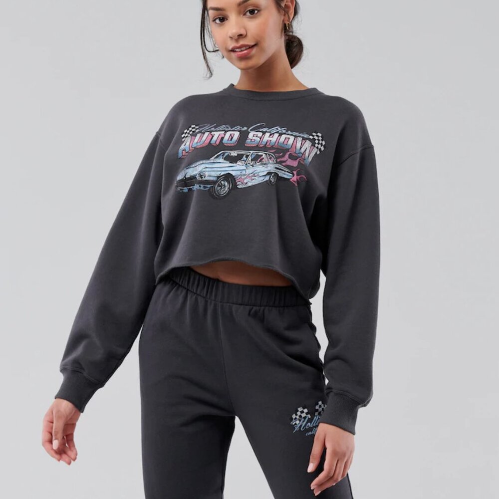 Hollister California Auto Show Gray Crop Sweatshirt - Large - Picture 3 of 4